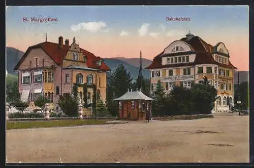 AK St. Margrethen, Bahnhofplatz mit Rheintalischer Creditanstalt und Villa Esther
