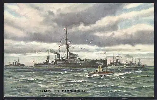 AK Kriegsschiff HMS Dreadnought auf See