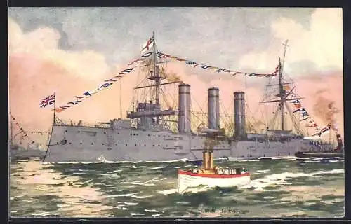AK Kriegsschiff HMS Bedford in Flaggengala