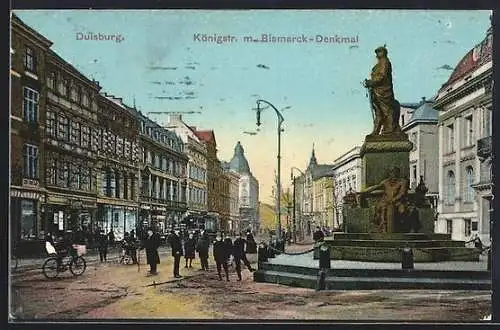 AK Duisburg, Königstrasse mit Bismarck-Denkmal