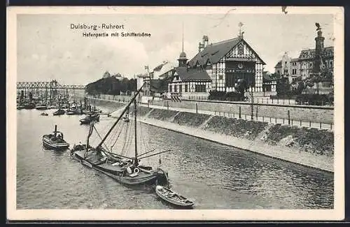 AK Duisburg-Ruhrort, Hafenpartie, Schifferbörse