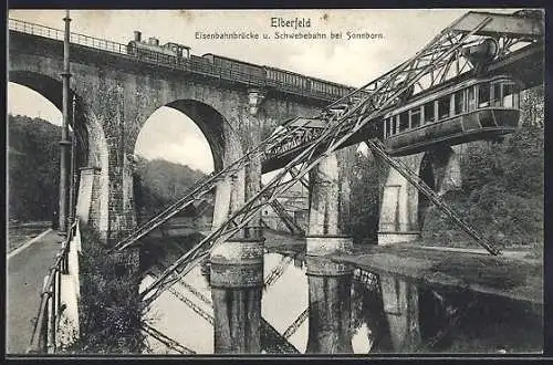 AK Elberfeld, Eisenbahnbrücke und Schwebebahn bei Sonnborn