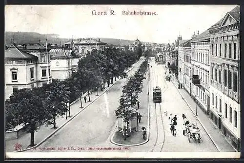 AK Gera, Bahnhofstrasse mit Strassenbahn
