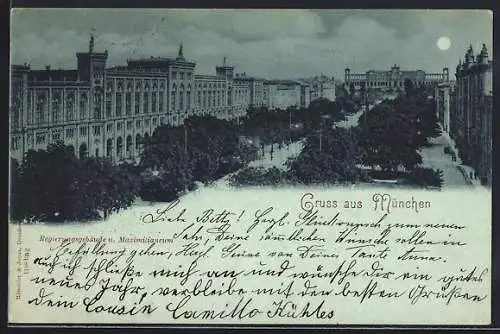 Mondschein-AK München, Regierungsgebäude und Maximilianstrasse