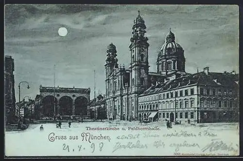 Mondschein-AK München, Theatinerkirche, Feldherrnhalle
