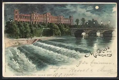 Lithographie München, Maximilianeum, mit Isar-Brücke