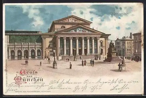 Lithographie München, Hoftheater, Platzansicht, Denkmal