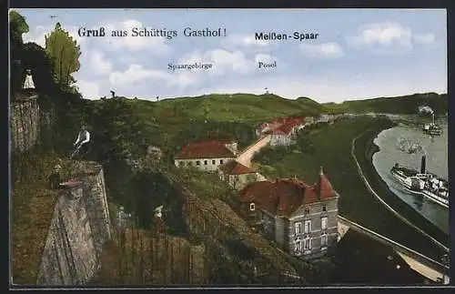 AK Meissen-Spaar, Schüttigs Gasthof, Spaargebirge, Dampfer auf der Elbe