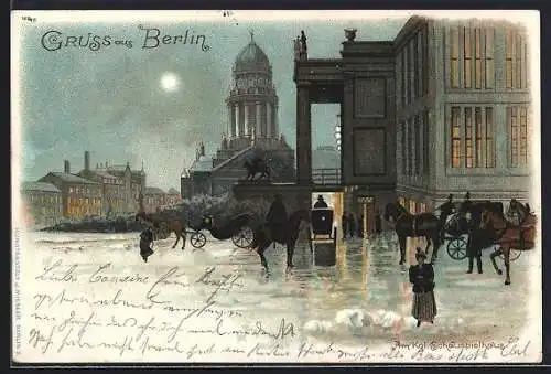 Lithographie Berlin, Schauspielhaus und Deutscher Dom am Gendarmenmarkt