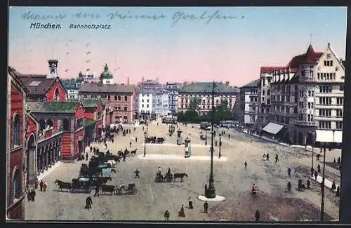 AK München, Bahnhofsplatz aus der Vogelschau