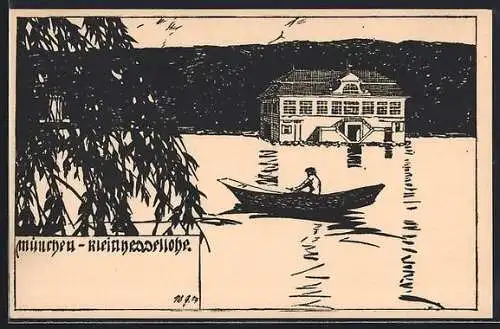 Künstler-AK München-Kleinhesselohe, Ruderboot auf dem See
