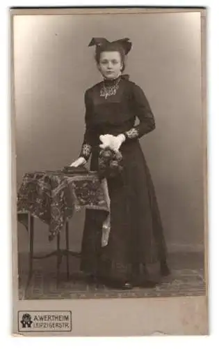 Fotografie A. Wertheim, Berlin, Leipzigerstr., Porträt einer Dame mit elegantem Kleid