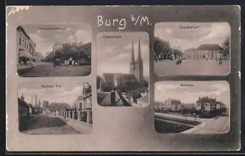AK Burg / Magdeburg, Kaserne, Unterkirche, Paradeplatz