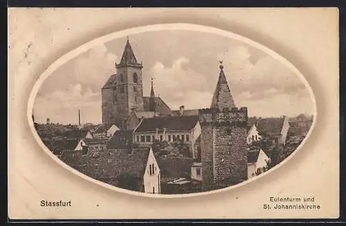 AK Stassfurt, Eulenturm und St. Johanniskirche, gerahmte Ansicht