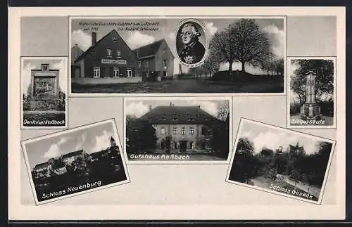 AK Rossbach / Denkmal, Gasthof zum Luftschiff v. Richard Schönichen, Gutshaus, Siegessäule, Schloss Neuenburg u. Goseck