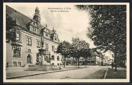 AK Schönebeck /Elbe, Markt mit Rathaus u. Brunnenskulptur