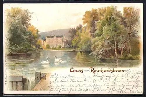 Lithographie Friedrichroda, Blick zum Schloss Reinhardsbrunn