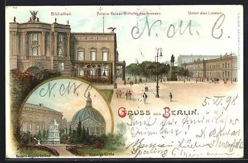 Lithographie Berlin, Palais Kaiser Wilhelm des Grossen u. Hedwigs-Kirche