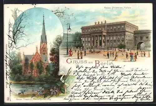 Lithographie Berlin, Kaiser Friedrich-Palais, Kaiser Friedrich-Gedächtniskirche, Pferdekutsche
