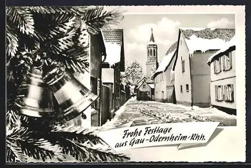AK Odernheim /Rhh., Strassenpartie im Winter, Tanne mit Glocken, Weihnachtsgruss