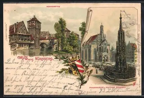Lithographie Nürnberg, Frauenkirche und Schöner Brunnen, Henkersteg