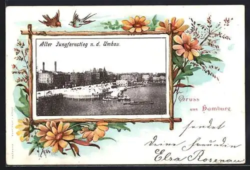 Lithographie Hamburg-Neustadt, Alter Jungfernstieg n. d. Umbau, Rahmen mit Blumen u. Vögeln