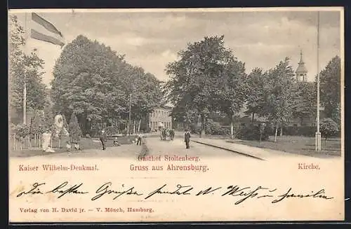 AK Ahrensburg / Hamburg, Strassenpartie mit Gasthof Stoltenberg, Kaiser Wilhelm-Denkmal und Kirche