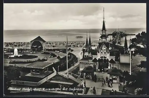 AK Heringsdorf / Seebad, Kuranlagen mit Seebrücke