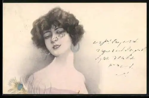 Künstler-AK Porträt einer Frau mit Pfauenfeder, Jugendstil