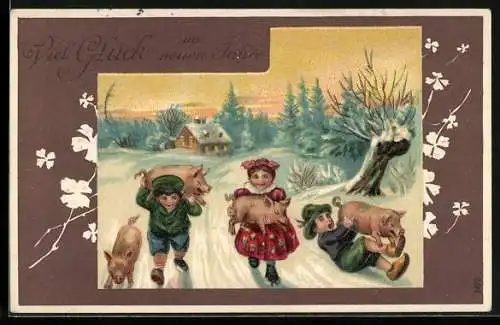 AK Neujahr, Kinder tragen Schweine durch den Schnee