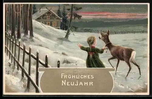 AK Kleines Mädchen mit Reh im Schnee vor einem Haus, Neujahrsgruss