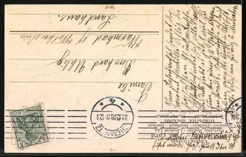 AK Kleines Mädchen mit Reh im Schnee vor einem Haus, Neujahrsgruss