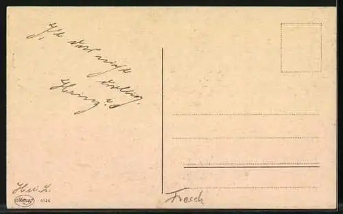 AK Vogel mit einem Frosch wird von Kindern hinterm Zaun belauscht