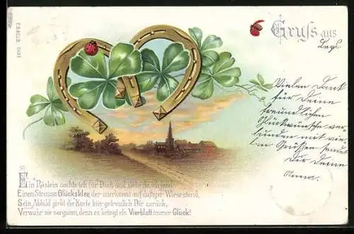 Lithographie Hufeisen, Glücksklee und Marienkäfer vor einer Ortschaft