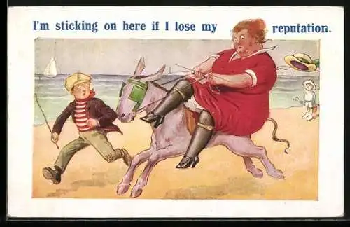 AK Korpulente Dame beim turbulenten Eselsritt am Strand