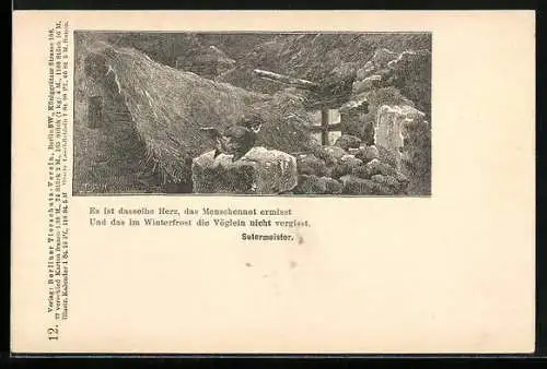 Lithographie Singvogel im Winter vor einem Haus, Berliner Tierschutz-Verein