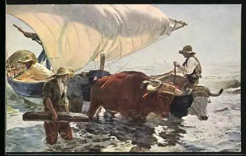 AK Fischer ziehen ihr Boot mit einem Ochsen-Gespann ans Ufer