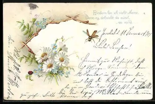 Lithographie Marienkäfer und fliegende Biene mit Margeriten und Vergissmeinnicht