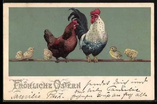 Lithographie Hühner mit Küken auf der Stange, Fröhliche Ostern