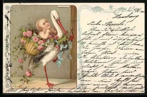 Lithographie Klapperstorch mit Kind und Rosen klingelt an der Tür