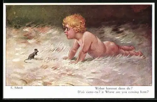 Künstler-AK Erschrockenes Baby mit Maus