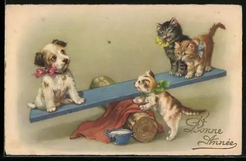 AK Kleine Katzen und kleiner Hund auf einer Wippe, Neujahrsgruss