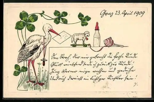 AK Klapperstorch mit Brief, Glücksklee, Milchflasche, Spielzeug