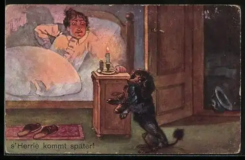 AK s` Herrle kommt später!, Pudel bringt spät heimgekehrtem Herrchen die Schuhe ans Bett