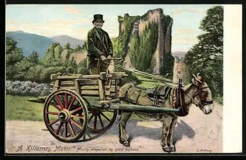 AK Killarney, A Killarney Motor, Eselgespann vor Burgruine