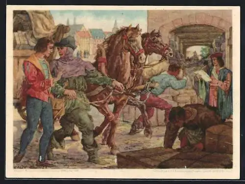 Künstler-AK Leipzig, Leipziger Messe anno 1433, Errichtung von Stapel-Lagern