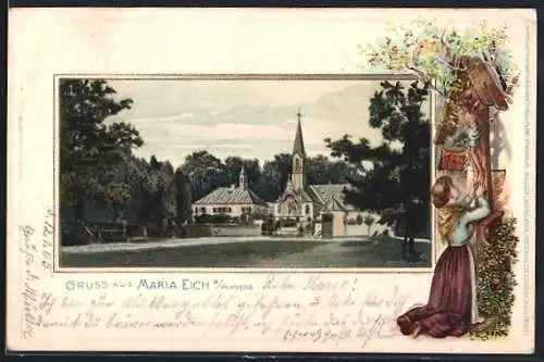 Passepartout-Lithographie Maria Eich a. Planegg, Blick auf die Kirche im Ort