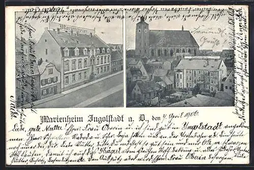 AK Ingolstadt a. D., Gasthaus Marienheim mit Kirche