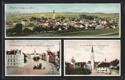 AK Pfaffenhofen a. Ilm, Paradeplatz mit Pfarrkirche, Hauptplatz mit Kriegerdenkmal und Rathaus