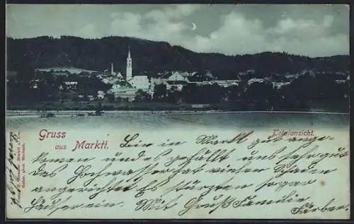 Mondschein-AK Marktl, Wasserpartie mit Blick auf den Ort